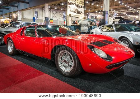 MAASTRICHT NETHERLANDS - JANUARY 15 2016: Sports car Lamborghini Miura P400S. International Exhibition InterClassics & Topmobiel 2016