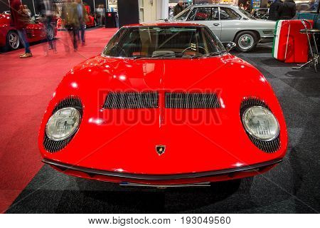 MAASTRICHT NETHERLANDS - JANUARY 15 2016: Sports car Lamborghini Miura P400S. International Exhibition InterClassics & Topmobiel 2016