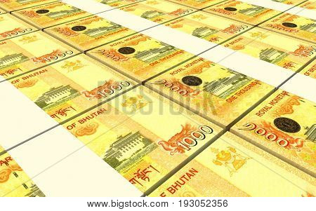 Bhutanese ngultrum bills stacks background. 3D illustration.