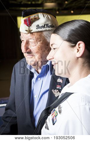 96-year-old Pearl Harbor survivor Armando 'Chick' Galella attends the Memorial Day Observance service on the Intrepid Sea, Air & Space Museum during Fleet Week NY 2017, NEW YORK MAY 29 2017.
