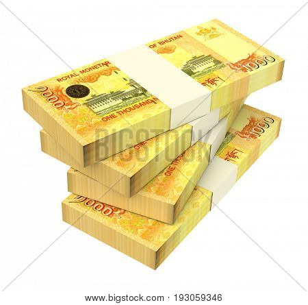 Bhutanese ngultrum bills isolated on white background. 3D illustration.