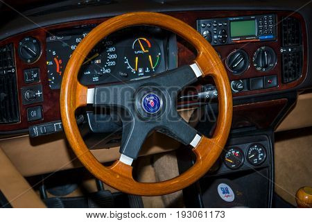 MAASTRICHT NETHERLANDS - JANUARY 15 2016: Cabin of entry-level luxury car Saab 900 Turbo convertible. International Exhibition InterClassics & Topmobiel 2016