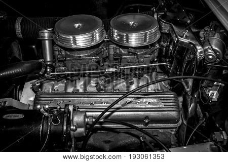 MAASTRICHT NETHERLANDS - JANUARY 15 2016: The 283 cubic-inch V8 in the 