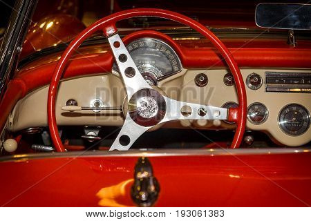 MAASTRICHT NETHERLANDS - JANUARY 15 2016: Cabin of sports car Chevrolet Corvette 1957. International Exhibition InterClassics & Topmobiel 2016