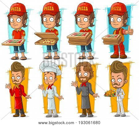 Cartoon pizza delivery boy and cook chef restaurant character vector set
