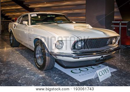 MAASTRICHT NETHERLANDS - JANUARY 15 2016: Pony car Ford Boss 429 Mustang 1969. International Exhibition InterClassics & Topmobiel 2016