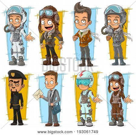 Cartoon cool pilot in helmet and postman character vector set