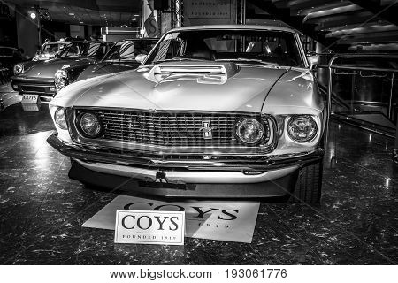 MAASTRICHT NETHERLANDS - JANUARY 15 2016: Pony car Ford Boss 429 Mustang 1969. Black and white. International Exhibition InterClassics & Topmobiel 2016