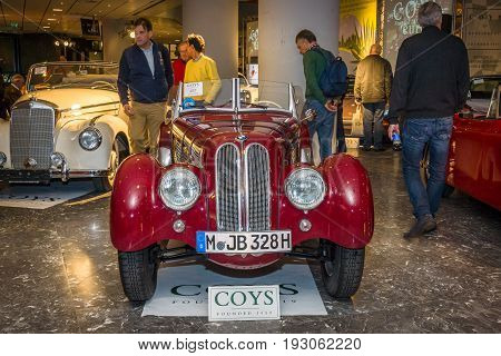MAASTRICHT NETHERLANDS - JANUARY 15 2016: Vintage car BMW 328 Roadster 1936. International Exhibition InterClassics & Topmobiel 2016