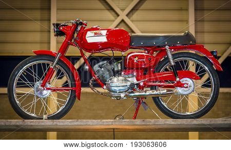 MAASTRICHT NETHERLANDS - JANUARY 15 2016: Motorbike Moto Morini Corsarino 48cc. International Exhibition InterClassics & Topmobiel 2016