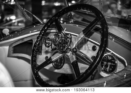 MAASTRICHT NETHERLANDS - JANUARY 15 2016: Cabin of luxury car Rolls-Royce Phantom I Boat-tail Tourer 1928. Black and white. International Exhibition InterClassics & Topmobiel 2016