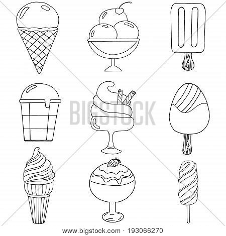 Cute hand drawn with different types of ice cream. Doodle texture with sweet desserts. Perfect background for cafe or restaurant menu.