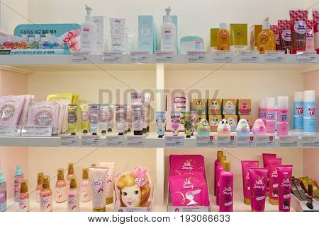 SEOUL, SOUTH KOREA - CIRCA MAY, 2017: goods on display at Etude House store in Seoul. 