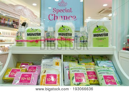 SEOUL, SOUTH KOREA - CIRCA MAY, 2017: goods on display at Etude House store in Seoul. 