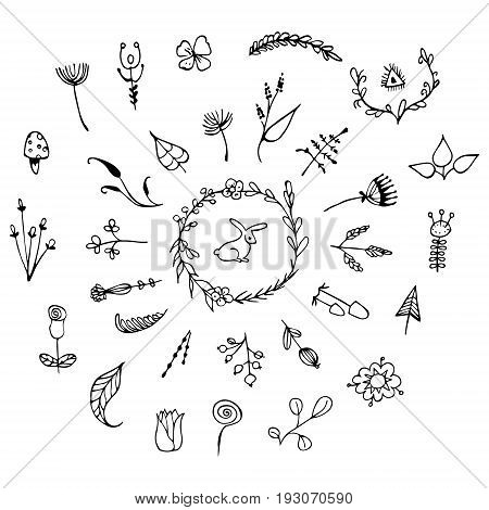 Hand Drawn vintage floral elements. Set of flowers arrows icons and decorative elements.