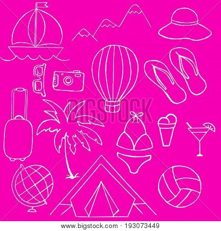 Illustration of vacation travel in the summer, on pink background, vector illustration