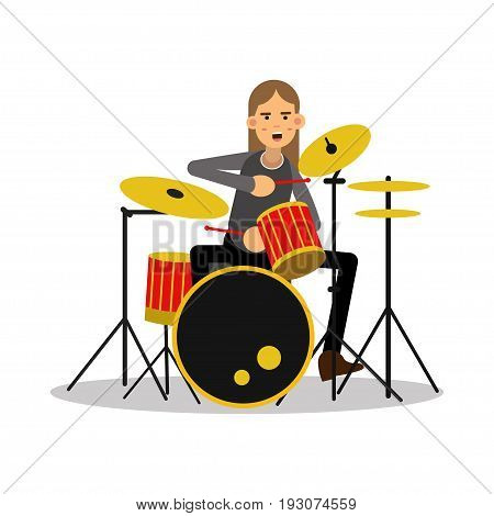 Mucisian man with long hairs playing on drum kit cartoon character vector Illustration isolated on a white background