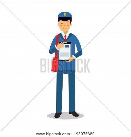 Postman in blue uniform with red bag holding clipboard cartoon character, express delivery mail vector Illustration isolated on a white background