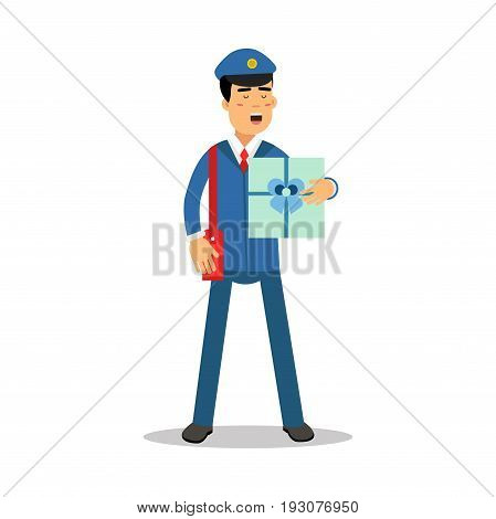 Postman in blue uniform with red bag holding gift box parcel cartoon character, express delivery mail vector Illustration isolated on a white background