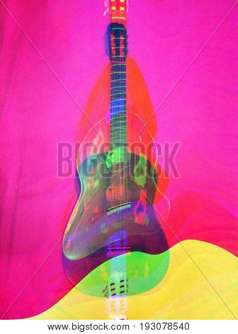 Banner with acoustic guitar and live music in psychedelic colors arts