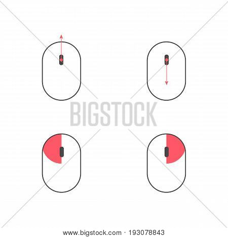 Left and right clicks scroll up and down wheel sicons. Computer mouse. Flat material design. White background. Illustration. Eps10.