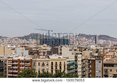 Barcelona city skyline with construction site blue cranes overtop the roofs