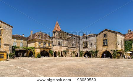 The hill top village of Monpazier in the Dordogne south west France