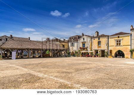 The hill top village of Monpazier in the Dordogne south west France