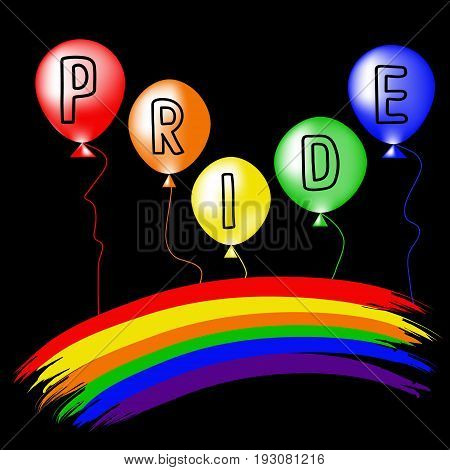 Colored rainbow balls and handwritten text Pride. Rainbow background LGBT multicolored flag. Original symbol for gay parade. Vector design
