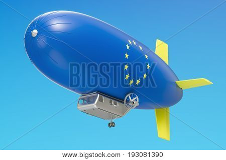 Airship or dirigible balloon with EU flag 3D rendering isolated on white background
