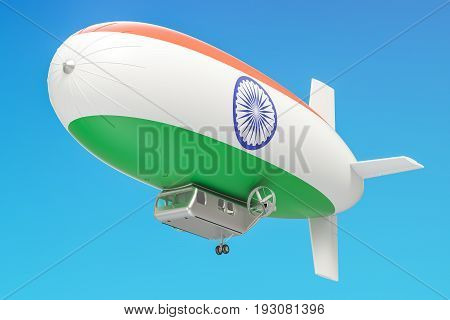 Airship or dirigible balloon with Indian flag 3D rendering isolated on white background
