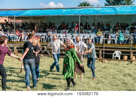 TROSTYANETS, UKRAINE - JUNE 25, 2017: Old Castle fest in action. Knights fight just beginning. This is 8 time traditional fest with historical costumes, foods and fights.