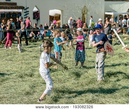 TROSTYANETS, UKRAINE - JUNE 25, 2017: Old Castle fest in action. Knights fight just beginning. This is 8 time traditional fest with historical costumes, foods and fights.