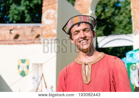 TROSTYANETS, UKRAINE - JUNE 25, 2017: Old Castle fest in action. Knights fight just beginning. This is 8 time traditional fest with historical costumes, foods and fights.
