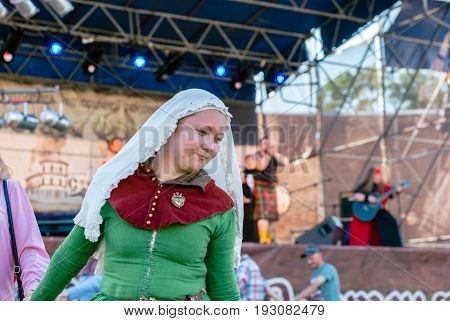 TROSTYANETS, UKRAINE - JUNE 25, 2017: Old Castle fest in action. Knights fight just beginning. This is 8 time traditional fest with historical costumes, foods and fights.