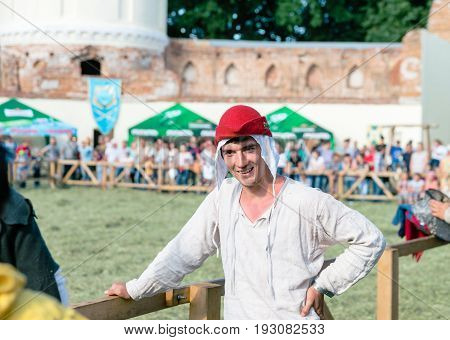 TROSTYANETS, UKRAINE - JUNE 25, 2017: Old Castle fest in action. Knights fight just beginning. This is 8 time traditional fest with historical costumes, foods and fights.
