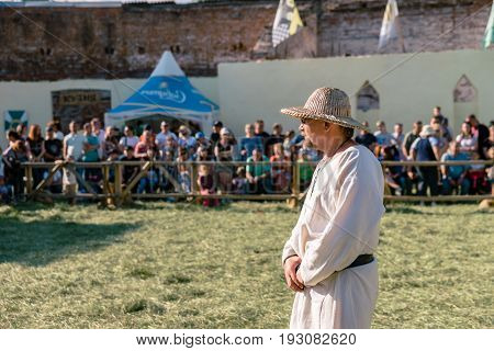 TROSTYANETS, UKRAINE - JUNE 25, 2017: Old Castle fest in action. Knights fight just beginning. This is 8 time traditional fest with historical costumes, foods and fights.