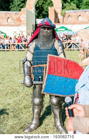 TROSTYANETS, UKRAINE - JUNE 25, 2017: Old Castle fest in action. Knights fight just beginning. This is 8 time traditional fest with historical costumes, foods and fights.