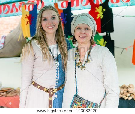 TROSTYANETS, UKRAINE - JUNE 25, 2017: Old Castle fest in action. Knights fight just beginning. This is 8 time traditional fest with historical costumes, foods and fights.