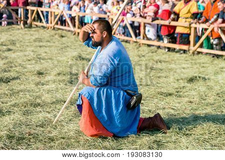 TROSTYANETS, UKRAINE - JUNE 25, 2017: Old Castle fest in action. Knights fight just beginning. This is 8 time traditional fest with historical costumes, foods and fights.