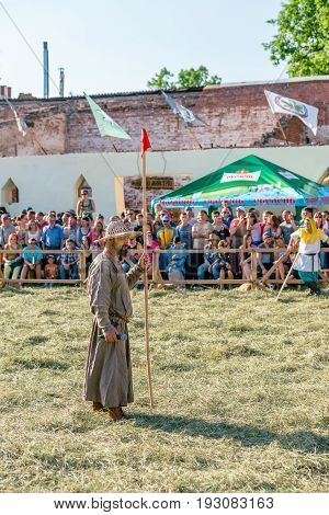 TROSTYANETS, UKRAINE - JUNE 25, 2017: Old Castle fest in action. Knights fight just beginning. This is 8 time traditional fest with historical costumes, foods and fights.