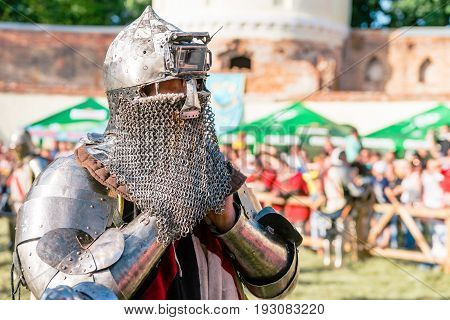 TROSTYANETS, UKRAINE - JUNE 25, 2017: Old Castle fest in action. Knights fight just beginning. This is 8 time traditional fest with historical costumes, foods and fights.