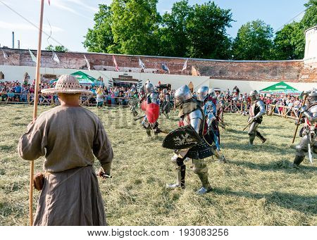 TROSTYANETS, UKRAINE - JUNE 25, 2017: Old Castle fest in action. Knights fight just beginning. This is 8 time traditional fest with historical costumes, foods and fights.