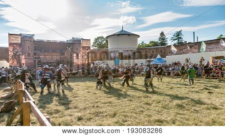 TROSTYANETS, UKRAINE - JUNE 25, 2017: Old Castle fest in action. Knights fight just beginning. This is 8 time traditional fest with historical costumes, foods and fights.