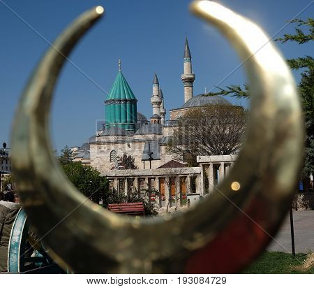 Mevlana museum and mosque in metal crescent in Konya, Turkey