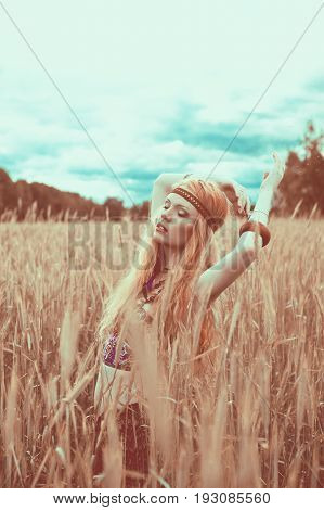 Hippie Blone Girl Cheerful, Peaceful And Free. Summer Time