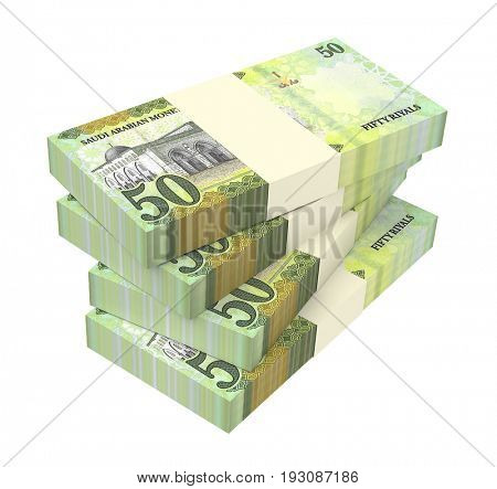 Saudi Arabia rials bills isolated on white background. 3D illustration.