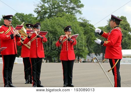 Sandhurst, Uk - June 18 2017: Conductor And Musicians Of The Military Band Of The Corps Of Royal Eng