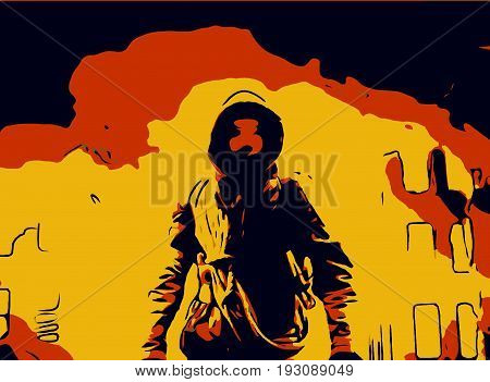 Image, drawing of a legendary warrior coming out of the immensity of the dark paths