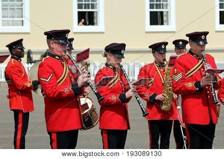 Sandhurst, Uk - June 18 2017: Woodwind Section Of The Military Band Of The Corps Of Royal Engineers